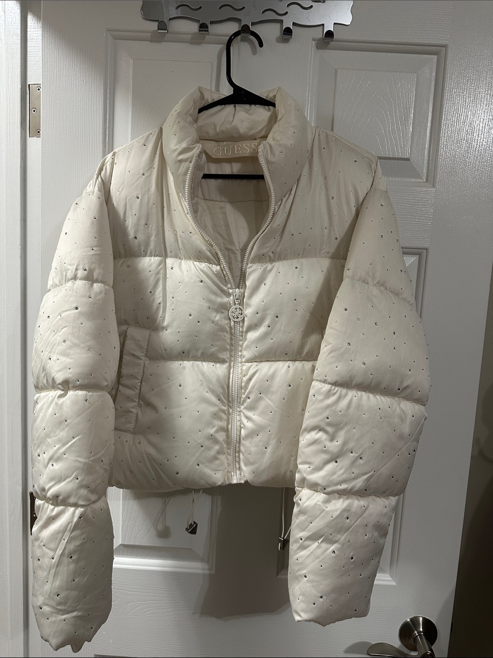 GUESS Ivory Quilted Cropped Puffer Jacket with Rhinestone Accents
